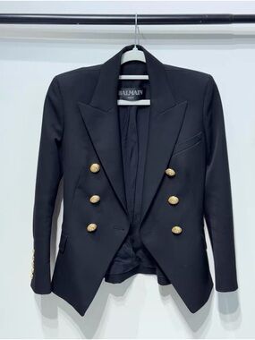 Authentic Balmain Black Double-Breasted Blazer with Gold Buttons